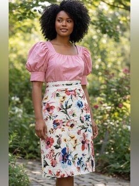 Isabella Demarco Tahari Levine Skirt 12 Floral Linen Blend Cottagecore